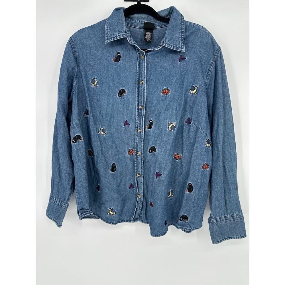 Holiday Editions Halloween Blue Denim Button Top 1X Pumpkin Black Cat Star Moon